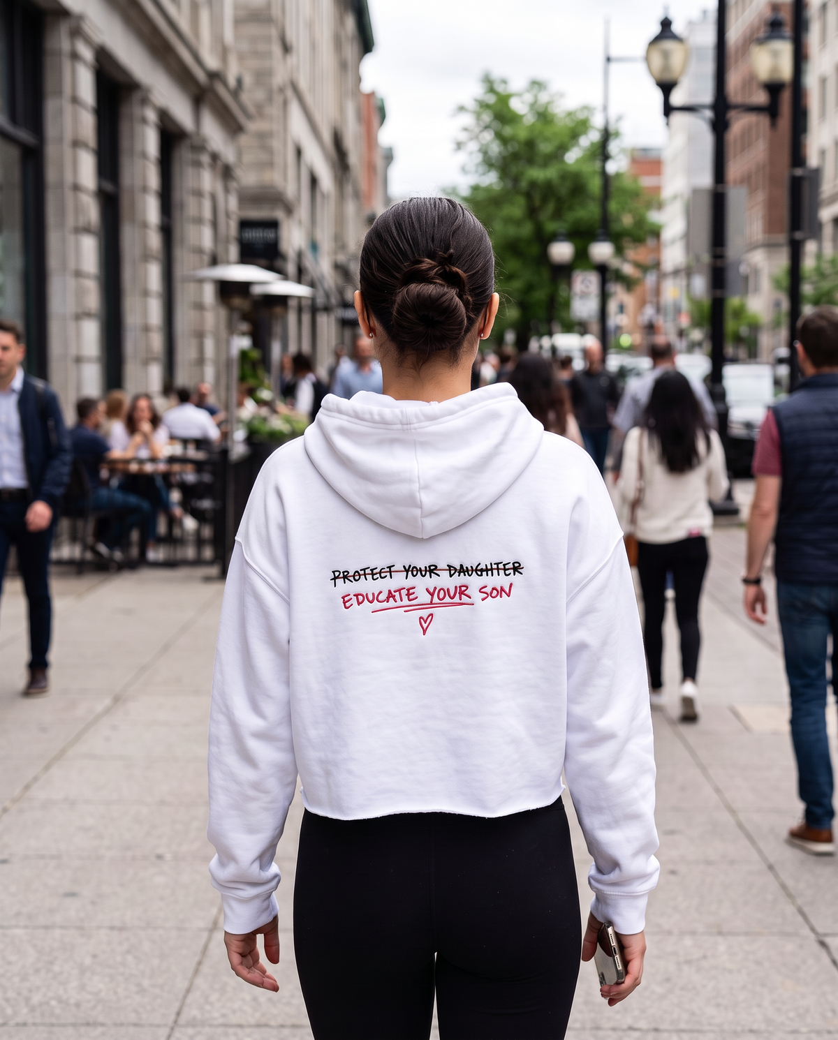 Protect Your Daughter Educate Your Son crop hoodie | small heart graphic