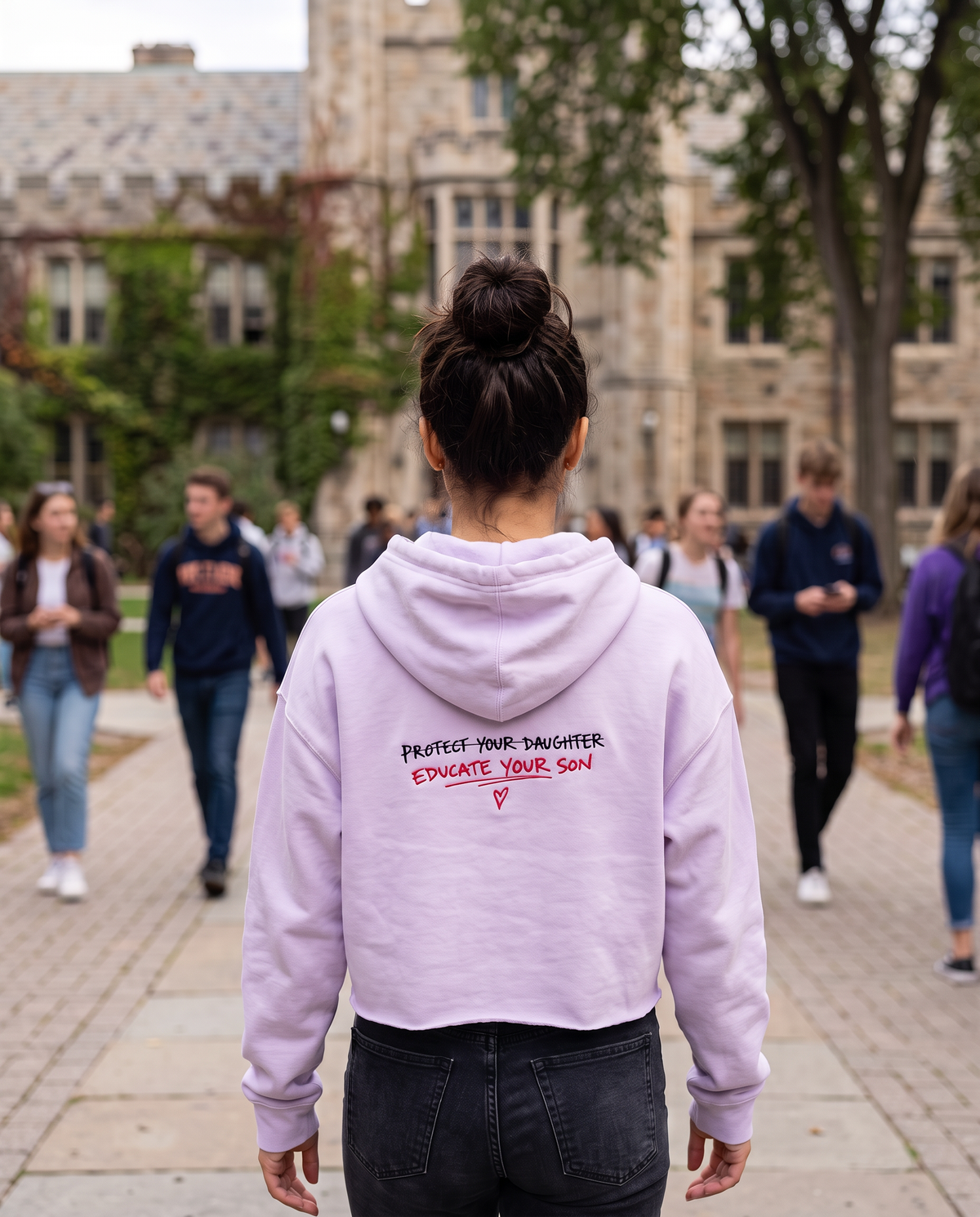 Protect Your Daughter Educate Your Son crop hoodie | small heart graphic