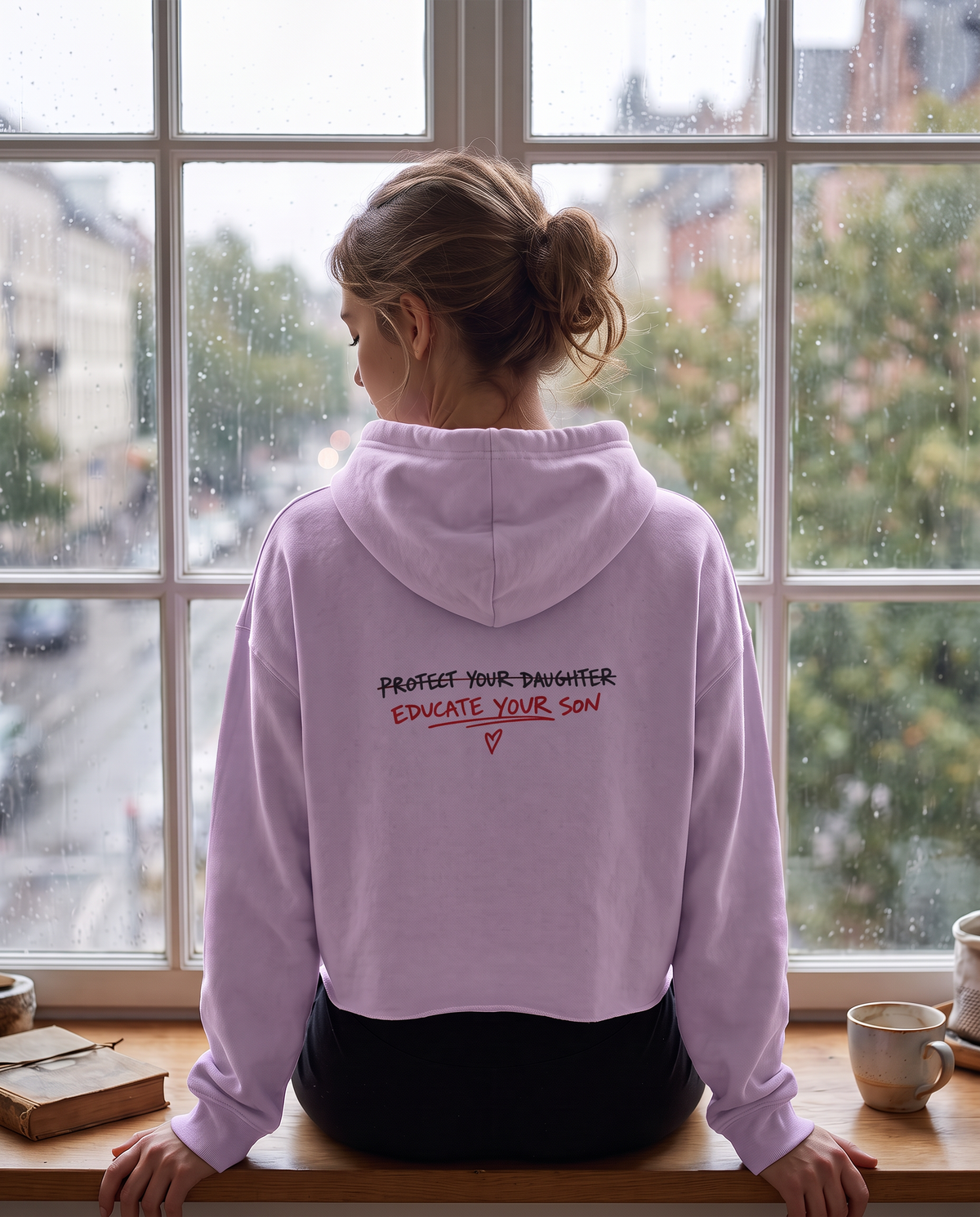 Protect Your Daughter Educate Your Son crop hoodie | small heart graphic