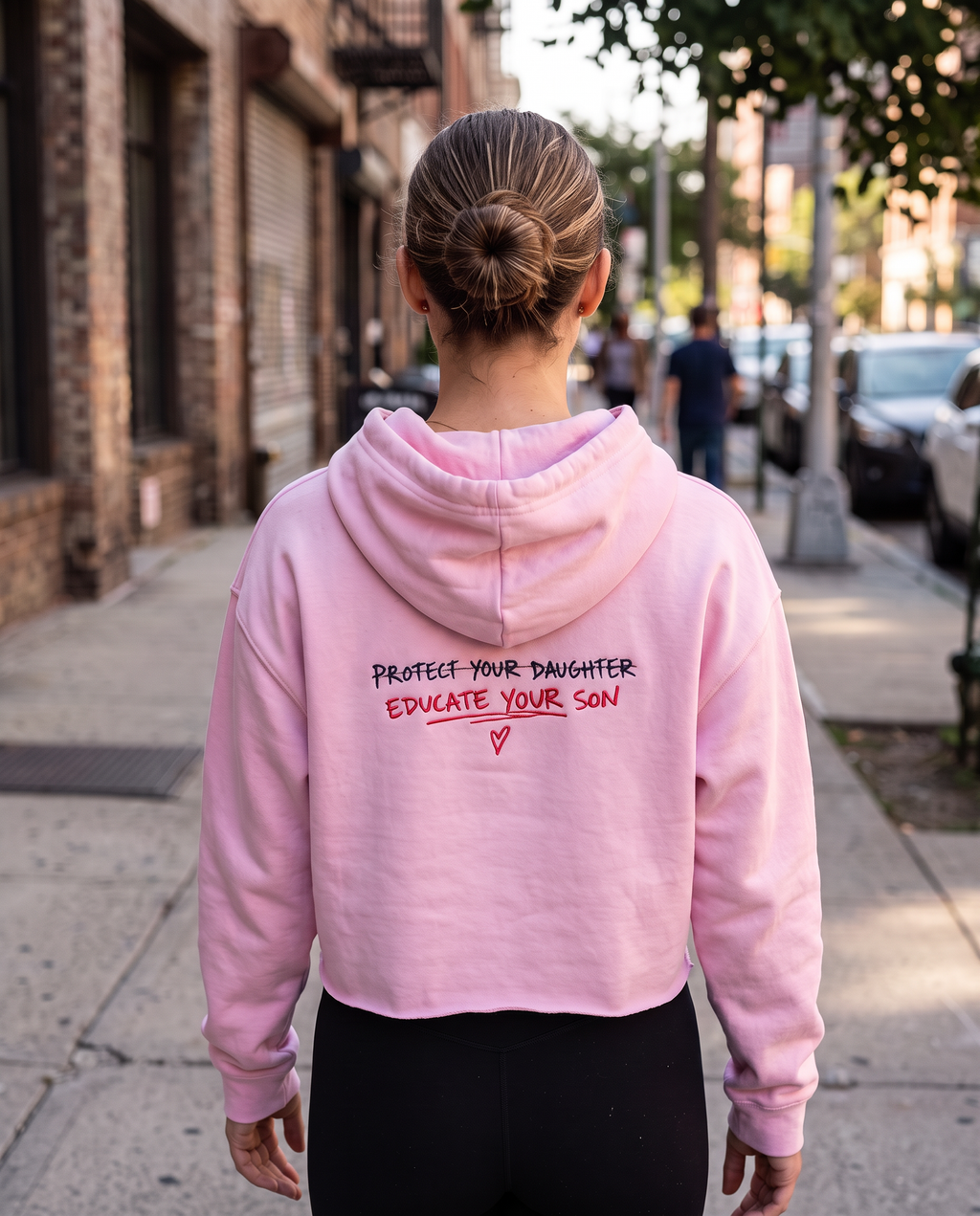 Protect Your Daughter Educate Your Son crop hoodie | small heart graphic