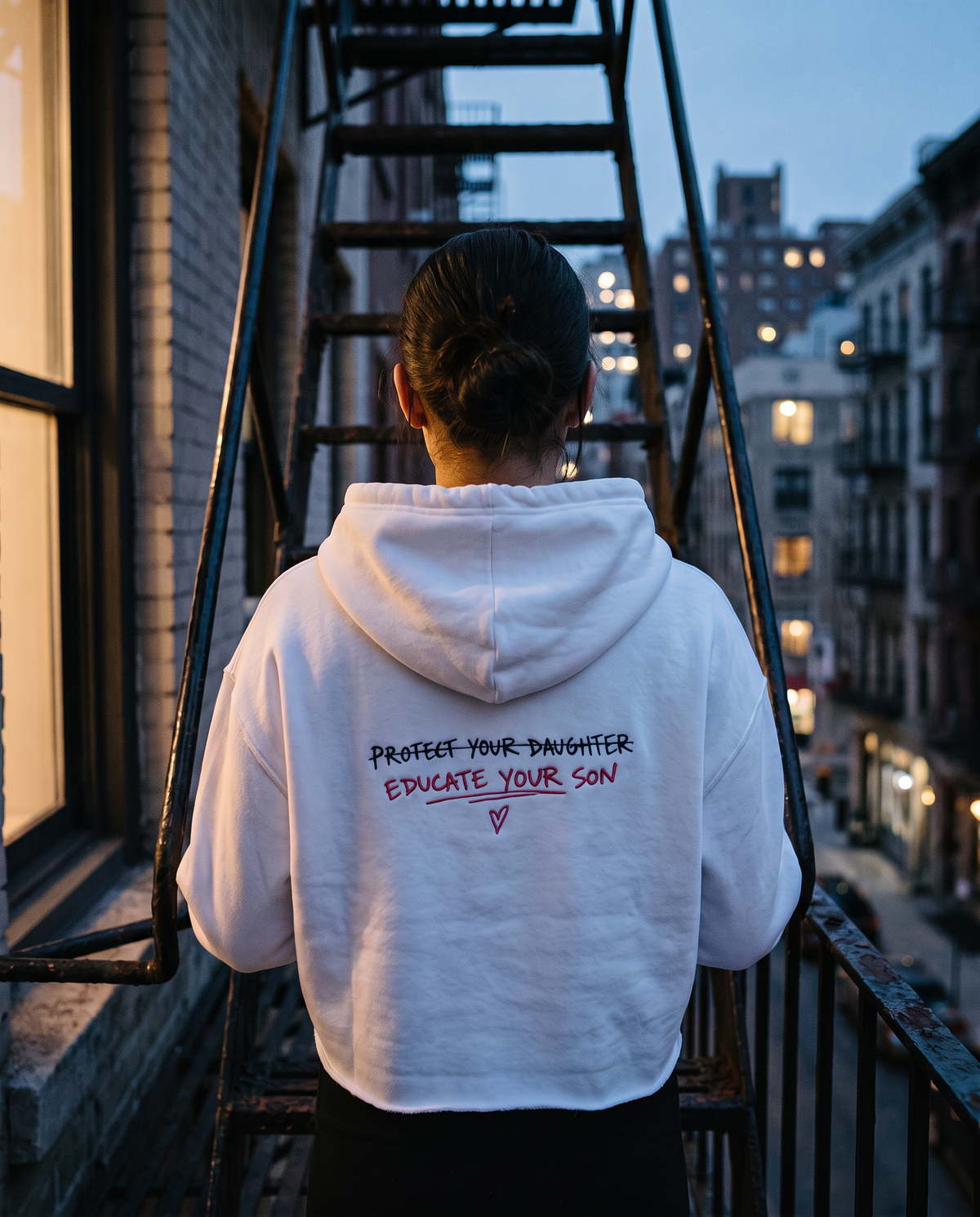 Protect Your Daughter Educate Your Son crop hoodie | small heart graphic
